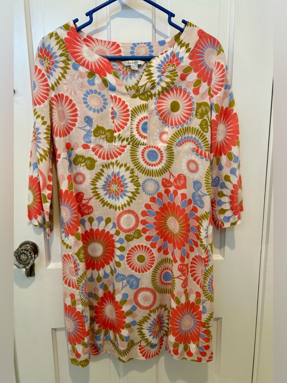 Boden Multicolor Floral Linen Mini Dress in Coral, Olive & Sky Blue
